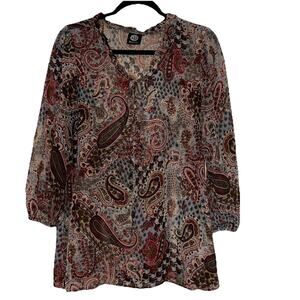 Bobeau Top Women XL Red Blue Tan Boho Chiffon Shirt Peasant Flowy Paisley